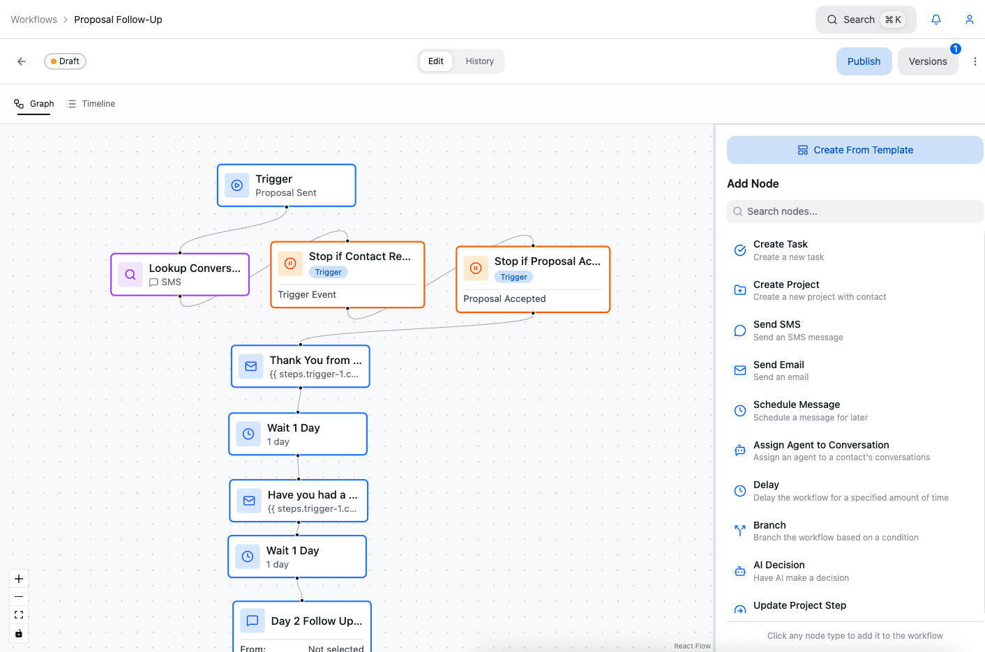 FieldFlow workflow builder running an automated quote follow-up sequence