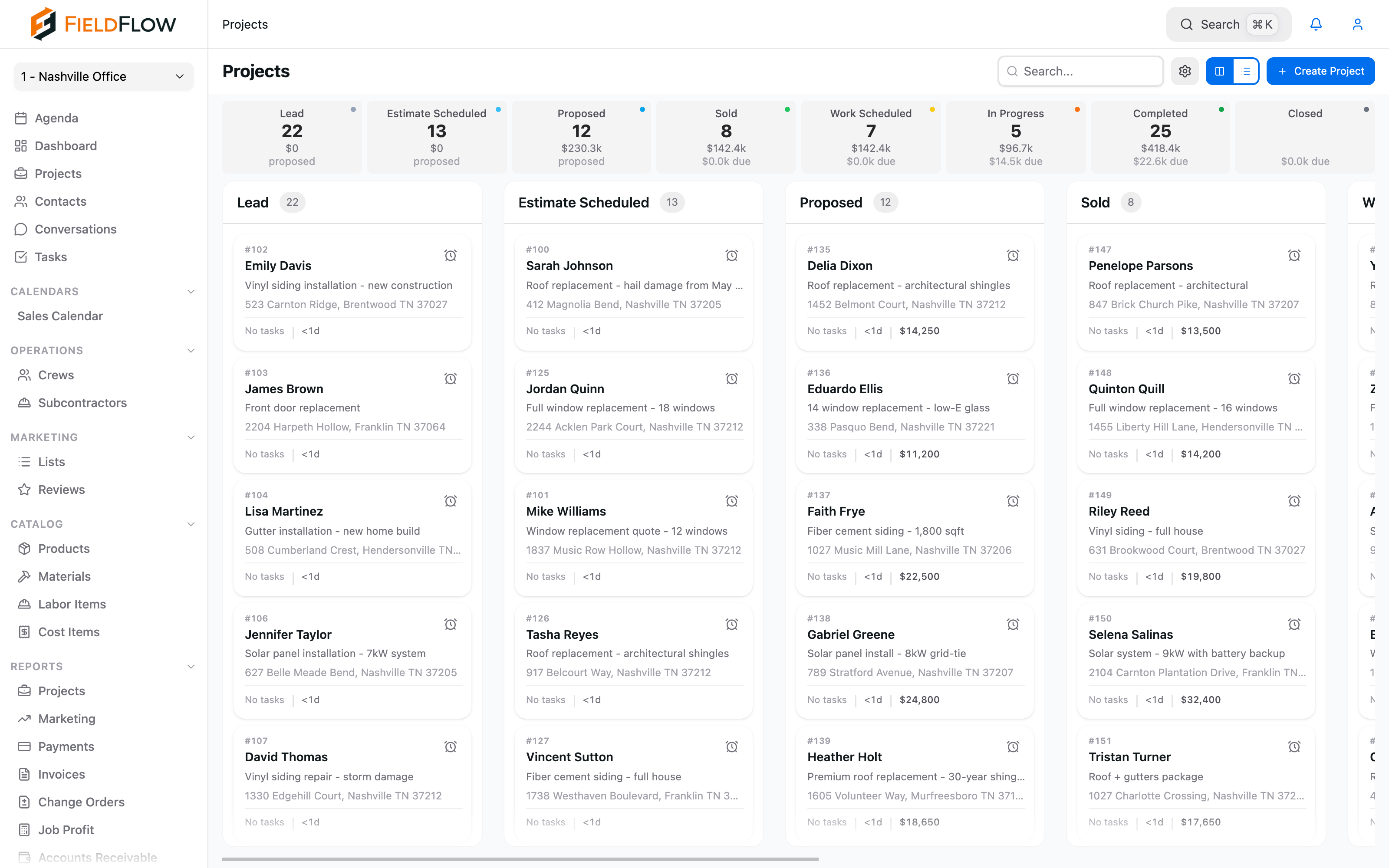 FieldFlow pipeline view showing leads, scheduled jobs, and installed projects