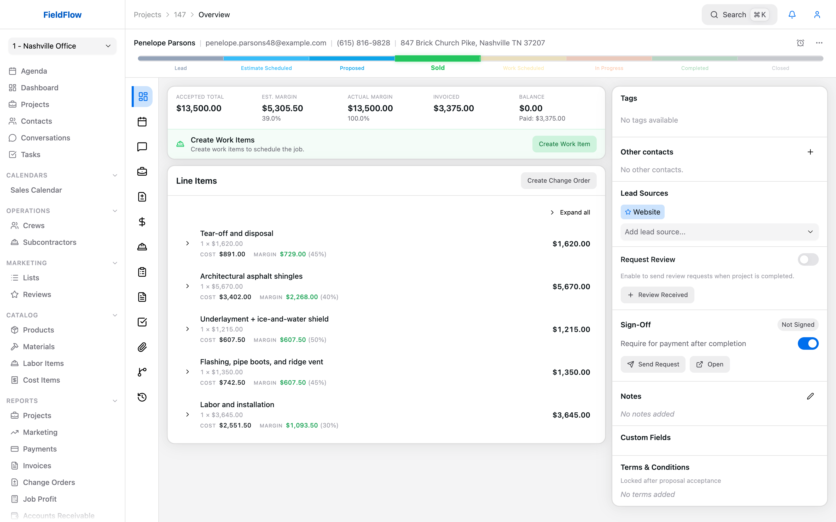 FieldFlow project overview page with customer info, quote, photos, and SMS thread